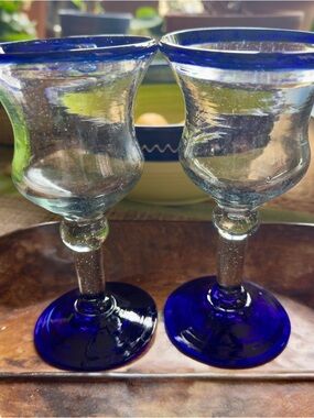 Hand blown Mexico vintage cobalt Blue-Rimmed Stemmed Glasses - Set of 2